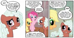 Size: 1334x699 | Tagged: safe, artist:carla speed mcneil, derpibooru import, idw, applejack, pinkie pie, toffee truffle, earth pony, pony, friends forever, spoiler:comic, dialogue, female, g4, image, jpeg, mare, teary eyes, trio