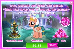 Size: 1951x1299 | Tagged: safe, derpibooru import, official, somnambula, pegasus, pony, advertisement, clothes, costs real money, egyptian, egyptian headdress, egyptian pony, english, female, gameloft, gem, green mane, green tail, headdress, healer's mask, image, jpeg, mare, mask, numbers, pink coat, pink fur, see-through, solo, solo focus, tail, text