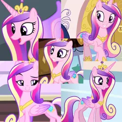 Size: 720x720 | Tagged: safe, derpibooru import, edit, screencap, princess cadance, alicorn, a canterlot wedding, equestria games (episode), games ponies play, three's a crowd, collage, colored wings, crown, gradient wings, image, jewelry, jpeg, peytral, regalia, slim, wings