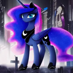 Size: 1024x1024 | Tagged: safe, derpibooru import, editor:dovakkins, machine learning generated, purplesmart.ai, stable diffusion, princess luna, alicorn, pony, crown, cute, cyberpunk, female, g4, image, jewelry, looking at you, lunabetes, mare, png, regalia, simple background, slim, smiling, smiling at you, solo