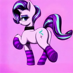Size: 1024x1024 | Tagged: suggestive, derpibooru import, editor:siber, machine learning generated, stable diffusion, starlight glimmer, pony, unicorn, butt, choker, clothes, female, image, looking at you, looking back, looking back at you, mare, png, raised leg, socks, solo, striped socks