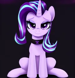 Size: 1024x1062 | Tagged: safe, derpibooru import, editor:siber, machine learning generated, stable diffusion, starlight glimmer, pony, unicorn, choker, cute, eyeshadow, female, image, lidded eyes, looking at you, makeup, mare, png, sitting, smiling, smiling at you, solo