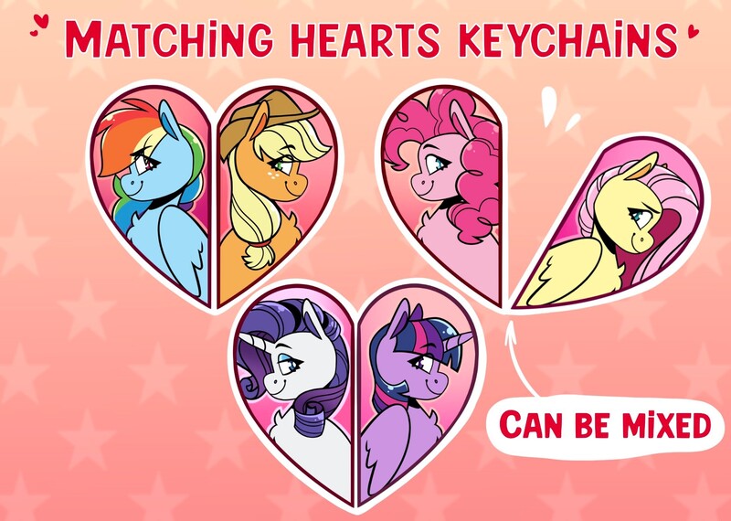 Size: 1920x1368 | Tagged: safe, artist:lrusu, applejack, fluttershy, pinkie pie, rainbow dash, rarity, twilight sparkle, twilight sparkle (alicorn), alicorn, earth pony, pegasus, pony, unicorn, advertisement, female, heart, image, jpeg, keychain, lesbian, mane six, mare, merchandise, shipping, text