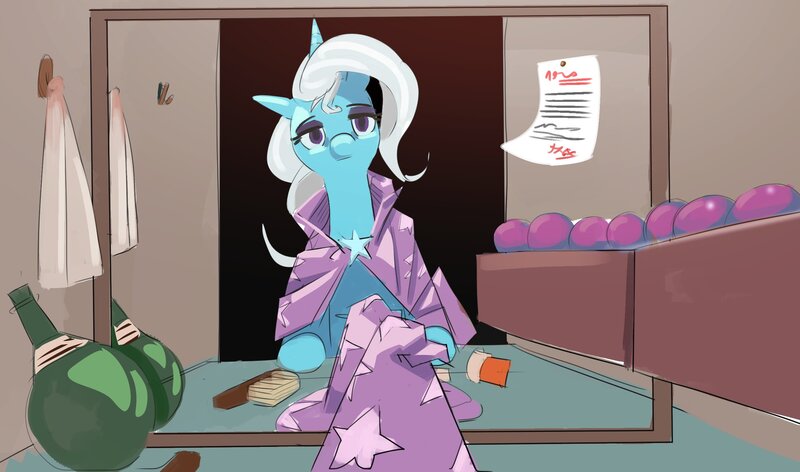 Size: 2550x1506 | Tagged: safe, artist:applephil, derpibooru import, trixie, pony, unicorn, hat off, image, jpeg, looking at you, mirror, offscreen character, pov, solo