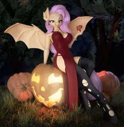 Size: 3227x3315 | Tagged: suggestive, artist:chyvak, derpibooru import, fluttershy, anthro, breasts, clothes, craft, dress, female, halloween, holiday, image, jack-o-lantern, jpeg, panties, pumpkin, sculpture, side slit, socks, solo, solo female, stockings, thigh highs, underwear