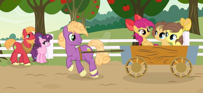 Size: 1024x471 | Tagged: safe, artist:velveagicsentryyt, derpibooru import, big macintosh, little mac, sugar belle, oc, oc:apple denki, oc:apple flower, oc:appleseed, pony, base used, cart, cousins, deviantart watermark, female, filly, foal, image, jpeg, obtrusive watermark, offspring, older, parent:apple bloom, parent:applejack, parent:caramel, parent:tender taps, parents:carajack, parents:tenderbloom, watermark