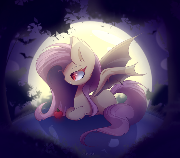 Size: 2050x1800 | Tagged: safe, artist:miryelis, derpibooru import, fluttershy, bat, bat pony, pony, apple, bat ponified, bat wings, big ears, flutterbat, food, forest, halloween, holiday, image, long hair, lying down, moon, png, race swap, red eyes, smiling, solo, spread wings, tree, wings