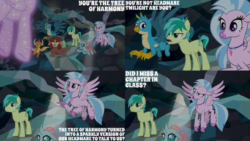 Size: 4400x2475 | Tagged: safe, derpibooru import, edit, edited screencap, editor:quoterific, screencap, gallus, ocellus, sandbar, silverstream, smolder, yona, what lies beneath, image, png, student six