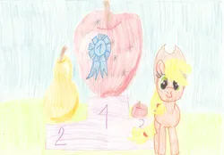 Size: 2000x1391 | Tagged: safe, artist:ragmo, derpibooru import, applejack, pony, apple, blue ribbon, colored pencil drawing, food, image, pear, png, podium, traditional art