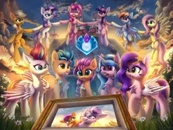 Size: 4000x3000 | Tagged: safe, artist:atlas-66, derpibooru import, applejack, fluttershy, hitch trailblazer, izzy moonbow, pinkie pie, pipp petals, rainbow dash, rarity, sunny starscout, twilight sparkle, twilight sparkle (alicorn), zipp storm, alicorn, crystal, earth pony crystal, g4, g5, g5 to g4, generation leap, image, lighthouse, mane six, pegasus crystal, png, unicorn crystal, unity crystals