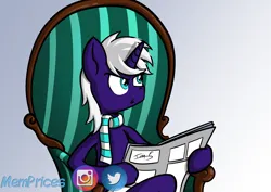 Size: 3508x2481 | Tagged: safe, artist:memprices, derpibooru import, oc, oc:night blaze, ponified, unofficial characters only, pony, unicorn, armchair, chair, clip studio paint, clothes, colored, commission, derpibooru exclusive, exploitable meme, frown, high res, image, logo, meme, newspaper, newspaper meme, png, reaction image, scarf, social media, tom and jerry