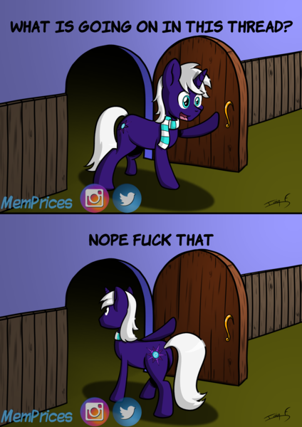 Size: 2481x3508 | Tagged: safe, artist:memprices, derpibooru import, oc, oc:night blaze, ponified, unofficial characters only, pony, unicorn, catdog, clip studio paint, clothes, colored, comic strip, commission, derpibooru exclusive, door, exploitable meme, high res, image, logo, meme, open mouth, opened dor, perspective, png, reaction image, scarf, smiling, social media, swearing, text, turnaround, vulgar, walking away, wall, winslow t oddfellow, wooden door, wooden wall