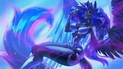 Size: 4440x2498 | Tagged: suggestive, artist:playfurry, princess luna, anthro, armor, breasts, image, jpeg, unconvincing armor
