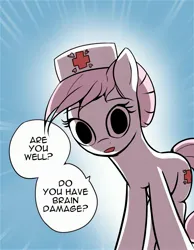 Size: 2510x3230 | Tagged: artist needed, source needed, safe, derpibooru import, nurse redheart, earth pony, pony, abstract background, brain damage, cutie mark, female, hat, image, jpeg, looking at you, meme, scott pilgrim vs the world, solo, speech, speech bubble, talking