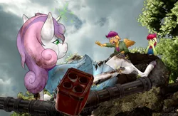 Size: 3212x2094 | Tagged: safe, artist:fluffyorbiter, derpibooru import, apple bloom, scootaloo, sweetie belle, anthro, pony, robot, unguligrade anthro, broken, broken horn, cliff, cloud, covering mouth, crying, cutie mark crusaders, destabilize, disheveled, falling, female, filly, foal, glow, glowing eyes, gynoid, horn, image, mechanic, minigun, png, rocket launcher, sad, screaming, smoke, sparks, sweetie bot, teenager, this will end in tears