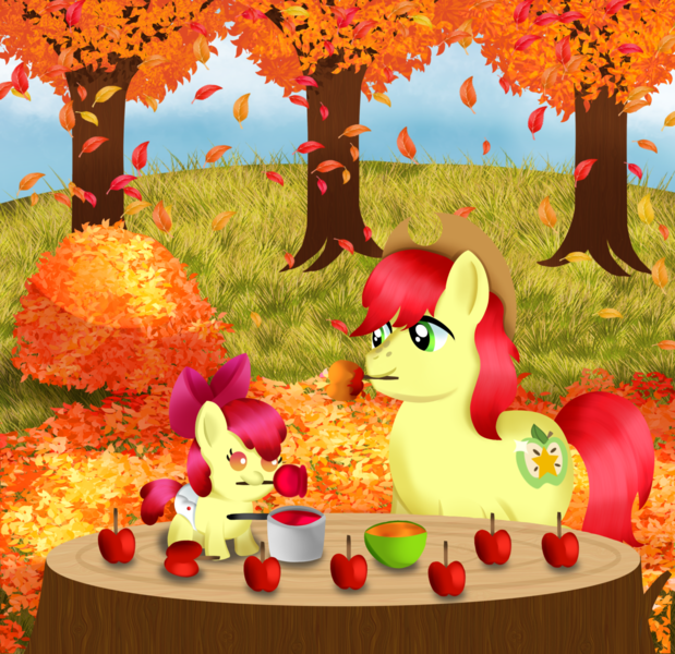 Size: 1656x1606 | Tagged: safe, artist:bezierballad, derpibooru import, apple bloom, bright mac, earth pony, pony, apple, autumn, autumn leaves, baby, baby apple bloom, bowl, candy apple (food), father and child, father and daughter, female, filly, foal, food, image, leaf, leaf pile, leaves, male, png, pot, stallion, tree, tree stump, younger