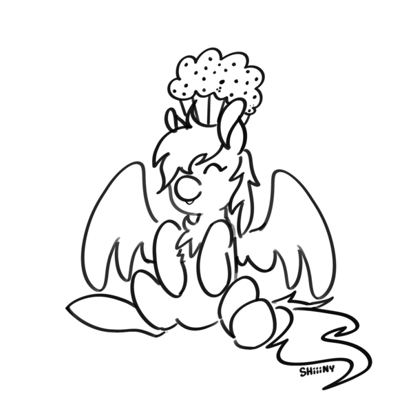 Size: 2000x2000 | Tagged: safe, artist:shiiiny, derpibooru import, derpy hooves, pegasus, pony, chest fluff, eyes closed, female, food, g4, image, mare, monochrome, muffin, open mouth, open smile, png, ponytober, sitting, sketch, smiling, solo, spread wings, wings