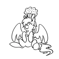 Size: 2000x2000 | Tagged: safe, artist:shiiiny, derpibooru import, derpy hooves, pegasus, pony, chest fluff, eyes closed, female, food, g4, image, mare, monochrome, muffin, open mouth, open smile, png, ponytober, sitting, sketch, smiling, solo, spread wings, wings