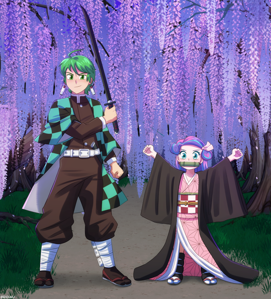 Size: 727x800 | Tagged: safe, artist:riouku, derpibooru import, princess flurry heart, spike, human, clothes, commission, costume, cute, demon slayer, humanized, image, kimetsu no yaiba, nezuko kamado, nightmare night, png, sword, tanjiro kamado, uncle spike, weapon