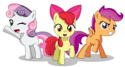 Size: 790x425 | Tagged: safe, artist:koopa-master, derpibooru import, apple bloom, scootaloo, sweetie belle, earth pony, pegasus, pony, unicorn, 2011, apple bloom's bow, blank flank, bow, cutie mark crusaders, female, filly, foal, grin, gritted teeth, hair bow, image, jpeg, looking at you, one eye closed, open mouth, open smile, raised hoof, simple background, smiling, spread wings, teeth, white background, wings