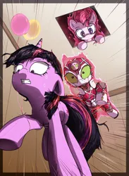 Size: 3070x4205 | Tagged: safe, artist:vultraz, derpibooru import, pinkie pie, twilight sparkle, ponified, earth pony, pony, unicorn, balloon, ceiling pony, elevator, female, gritted teeth, image, jojo's bizarre adventure, king crimson, mare, png, shocked, sweat, teeth