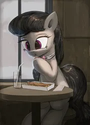 Size: 3000x4167 | Tagged: safe, artist:vultraz, derpibooru import, octavia melody, earth pony, pony, cute, drinking straw, eating, female, fish and chips, food, glasses, image, mare, png, sitting, solo, stool, straw, table, tavibetes