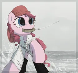 Size: 3000x2799 | Tagged: safe, artist:vultraz, derpibooru import, pinkie pie, earth pony, pony, boots, clothes, cutlass, female, image, mare, mouth hold, ocean, pinktober, pirate, png, raised hoof, shoes, solo, sword, water, weapon
