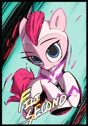 Size: 2428x3472 | Tagged: safe, artist:vultraz, derpibooru import, fili-second, pinkie pie, earth pony, pony, abstract background, clothes, female, grin, high res, image, jumping, looking at you, mare, pinktober, png, power ponies, smiling, smiling at you, solo, text