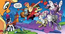 Size: 1334x703 | Tagged: safe, artist:andypriceart, derpibooru import, idw, apple bloom, applejack, rarity, scootaloo, sweetie belle, earth pony, pegasus, pony, umbrum, unicorn, siege of the crystal empire, spoiler:comic, apple, army helmet, cannon, cape, clothes, cutie mark crusaders, dialogue, female, filly, foal, food, g4, group, helmet, image, jpeg, mare, rocket, wagon, you know for kids