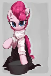 Size: 3000x4442 | Tagged: safe, artist:vultraz, derpibooru import, pinkie pie, earth pony, pony, abstract background, alternate hairstyle, clothes, dress, ear piercing, earring, female, gibson girl, image, jewelry, leaning, looking at you, mare, piercing, pinktober, png, raised hoof, smiling, solo