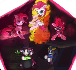 Size: 4000x3723 | Tagged: safe, artist:vultraz, derpibooru import, pinkie pie, earth pony, pony, succubus, abstract background, bedroom eyes, bowtie, candy, cauldron, clothes, clown, clown makeup, clown nose, costume, demon horns, demon wings, driving, female, food, hat, horns, image, lollipop, looking at you, mare, new conglomerate, pie, pinktober, planetside 2, png, red nose, shirt, skirt, smiling, wings, witch, witch hat, wrestler