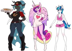 Size: 3508x2480 | Tagged: suggestive, artist:chrysalisdraws, princess cadance, queen chrysalis, shining armor, alicorn, anthro, changeling, changeling queen, unguligrade anthro, unicorn, baseball cap, belt, big breasts, blushing, boots, bracelet, breasts, busty gleaming shield, busty princess cadance, busty queen chrysalis, cap, cleavage, clothes, female, fingerless gloves, food, gleaming shield, gloves, hand on hip, hat, heart, holding, image, jeans, jewelry, knee-high boots, kneesocks, legs apart, looking at you, one eye closed, pants, paywall content, pizza, pizza box, png, rule 63, shirt, shoes, simple background, smiling, smug, socks, standing, sunglasses, t-shirt, tongue out, underwear, white background, wide hips, wink