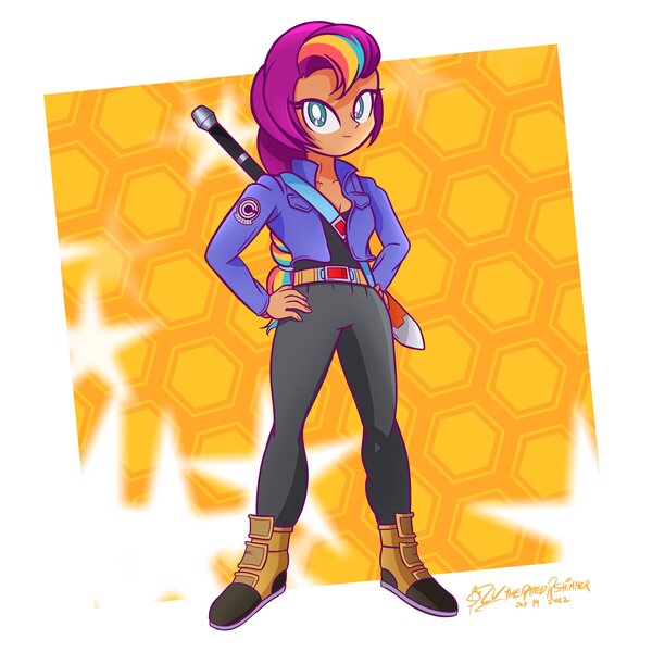 Size: 4096x4096 | Tagged: safe, artist:theratedrshimmer, derpibooru import, sunny starscout, human, equestria girls, clothes, cosplay, costume, dragon ball, dragon ball z, equestria girls-ified, g5, g5 to equestria girls, generation leap, image, jpeg, orange background, outline, passepartout, simple background, solo, sword, trunks (dragon ball), weapon, white background