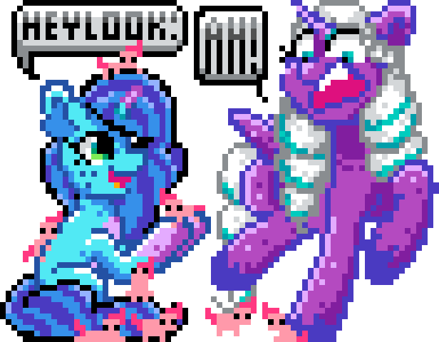 Size: 616x480 | Tagged: safe, artist:cupute, derpibooru import, opaline, pinkie pie, alicorn, pony, unicorn, g5, my little pony: make your mark, too many pinkie pies, spoiler:g5, spoiler:my little pony: make your mark, cute, image, misty brightdawn, pixel art, png, ponk, screaming, simple background, speech bubble, terrified, transparent background