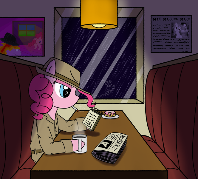 Size: 2500x2260 | Tagged: safe, artist:legendoflink, derpibooru import, pinkie pie, earth pony, pony, clothes, coffee, coffee mug, detective, diner, donut, food, hat, image, mug, newspaper, png, question mark, rain, sitting, smoking, solo, wingding eyes