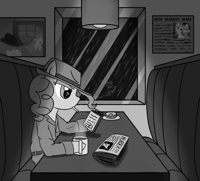 Size: 2500x2260 | Tagged: safe, alternate version, artist:legendoflink, derpibooru import, pinkie pie, earth pony, pony, black and white, clothes, detective, diner, donut, female, food, grayscale, image, mare, monochrome, newspaper, pinktober, png, rain, reading, sitting, smoking, solo