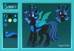 Size: 2213x1536 | Tagged: safe, artist:hayovertheblue, derpibooru import, oc, oc:sinari, changeling, changeling queen, blue changeling, female, happy, image, jpeg, looking at you, open mouth, open smile, reference, reference sheet, smiling, spread wings, wings