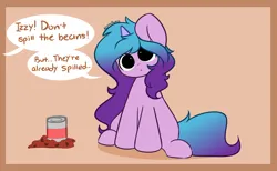 Size: 5546x3417 | Tagged: safe, artist:kittyrosie, derpibooru import, izzy moonbow, pony, unicorn, beans, cans, cute, female, food, g5, image, izzybetes, mare, png, sitting, speech bubble, spilled