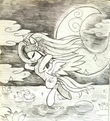 Size: 1065x1174 | Tagged: safe, artist:life_inazuma, derpibooru import, oc, unofficial characters only, pegasus, pony, crescent moon, female, flower, image, jpeg, lotus (flower), mare, monochrome, moon, night, solo, traditional art, water