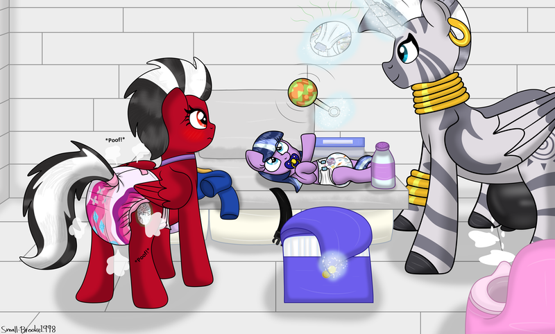 Size: 5030x3030 | Tagged: suggestive, artist:lynnthenerdkitty, derpibooru import, zecora, oc, oc:paddy sparkle, alicorn, earth pony, pegasus, pony, zebra, adult foal, age regression, alicornified, bag, bathroom, commission, crotchboobs, diaper, diaper change, duffle bag, image, leaking milk, magic, mental regression, milk, non-baby in diaper, nudity, png, race swap, rattle, role reversal, shatter (transformers), shrinking, transfer of power, transformers