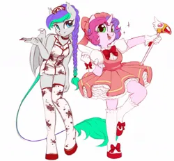 Size: 1130x1048 | Tagged: safe, artist:melodylibris, derpibooru import, oc, oc:lony, oc:melody (melodylibris), bat pony, pony, unicorn, bat pony oc, bat wings, blood, braid, cardcaptor sakura, cherry blossoms, clothes, cosplay, costume, dress, duo, female, flower, flower blossom, halloween, halloween costume, holiday, image, jpeg, leonine tail, looking at you, mare, nurse outfit, open mouth, open smile, sakura kinomoto, scalpel, silent hill, simple background, smiling, smiling at you, sparkle, standing, standing on one leg, tail, wand, white background, wings