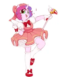 Size: 830x1073 | Tagged: safe, artist:melodylibris, derpibooru import, oc, oc:melody (melodylibris), unofficial characters only, anthro, pony, unguligrade anthro, unicorn, cardcaptor sakura, clothes, cosplay, costume, dress, female, halloween, halloween costume, holiday, image, jpeg, mare, sakura kinomoto, simple background, socks, solo, sparkles, standing, standing on one leg, stockings, thigh highs, wand, white background