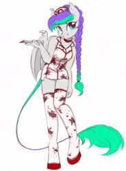 Size: 777x1054 | Tagged: safe, artist:melodylibris, derpibooru import, oc, oc:lony, unofficial characters only, anthro, pony, unguligrade anthro, blood, braid, clothes, costume, female, halloween, halloween costume, holiday, image, jpeg, looking at you, mare, nurse outfit, scalpel, silent hill, simple background, smiling, smiling at you, socks, solo, stockings, thigh highs, white background