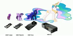 Size: 4000x1993 | Tagged: safe, artist:alumx, derpibooru import, pipp, pipp petals, princess celestia, princess luna, twilight sparkle, twilight sparkle (alicorn), alicorn, pegasus, pony, female, g5, graphics card, image, jpeg, mare, meme, nvidia, pipp is short, simple background, size difference, white background