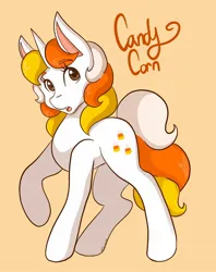 Size: 1300x1640 | Tagged: safe, artist:mscolorsplash, derpibooru import, oc, oc:candy corn, unofficial characters only, pony, unicorn, female, image, jpeg, mare, open mouth, orange background, raised hoof, simple background, solo