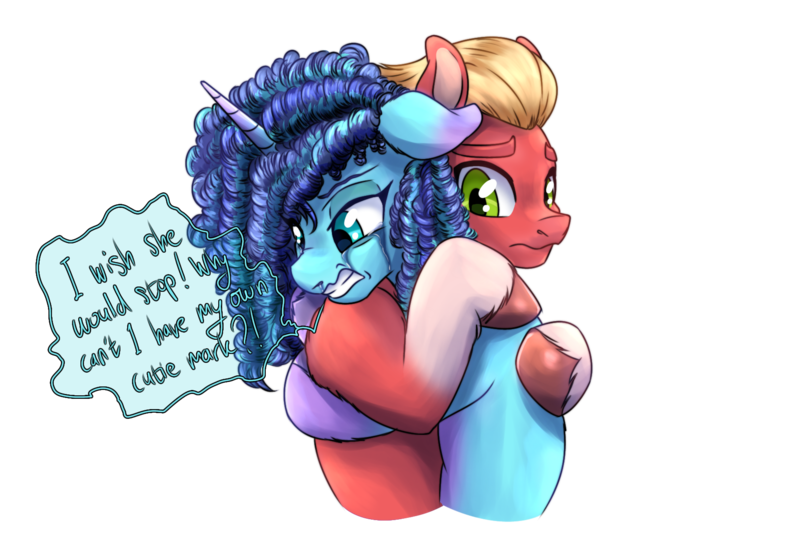 Size: 1800x1200 | Tagged: safe, artist:redahfuhrerking, derpibooru import, sprout cloverleaf, earth pony, unicorn, g5, colored, crying, female, hug, image, male, misty brightdawn, png, simple background, text, transparent background