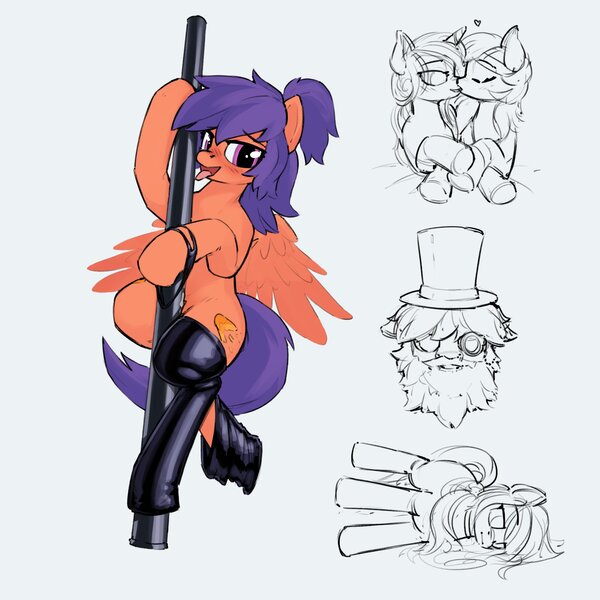 Size: 2000x2000 | Tagged: questionable, artist:quotepony, oc, pegasus, pony, clothes, dancing, female, hat, image, jpeg, kissing, latex, latex panties, latex stockings, mare, panties, simple background, sketch, sketch dump, stockings, stripper, stripper pole, stripping, thigh highs, underwear