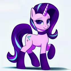Size: 1024x1024 | Tagged: safe, derpibooru import, editor:siber, machine learning generated, stable diffusion, starlight glimmer, pony, unicorn, clothes, female, image, lidded eyes, looking at you, mare, png, raised leg, smiling, smiling at you, socks, solo