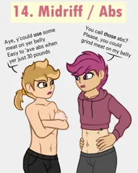Size: 1000x1250 | Tagged: suggestive, artist:deserter, banned from derpibooru, ponybooru import, scootaloo, oc, oc:peanut toffy, human, abs, accent, argument, breasts, british, clothes, colored sketch, crossed arms, delicious flat chest, female, hands on hip, height difference, hoodie, image, lolicon, lolitober, looking at each other, midriff, pants, partial nudity, png, short shirt, small breasts, tomboy, topless, underage, yoga pants