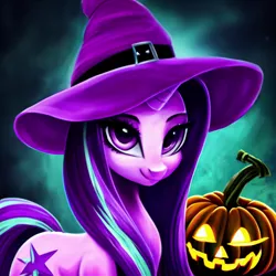 Size: 1024x1024 | Tagged: safe, derpibooru import, editor:siber, machine learning generated, stable diffusion, starlight glimmer, pony, unicorn, female, halloween, hat, holiday, image, looking at you, mare, png, pumpkin, smiling, smiling at you, solo, witch hat